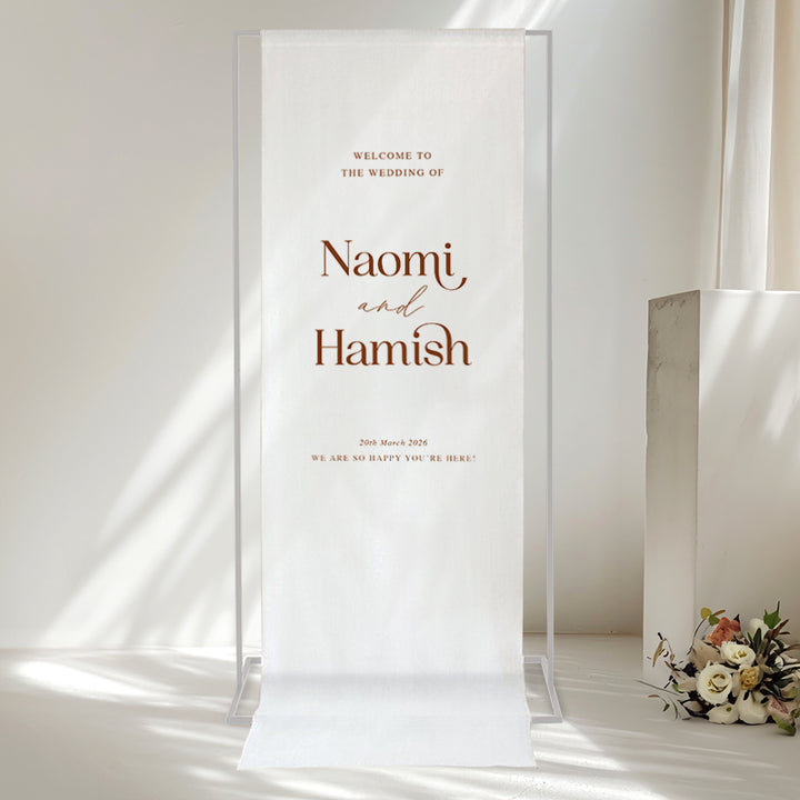 Modern typography wedding welcome sign in harvest brown and white with trending font styles. Printed in Australia.