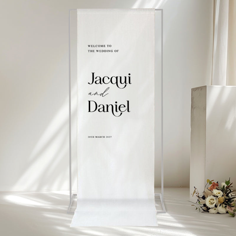 Modern typography wedding welcome sign in black and white with trending font styles. Printed in Australia.