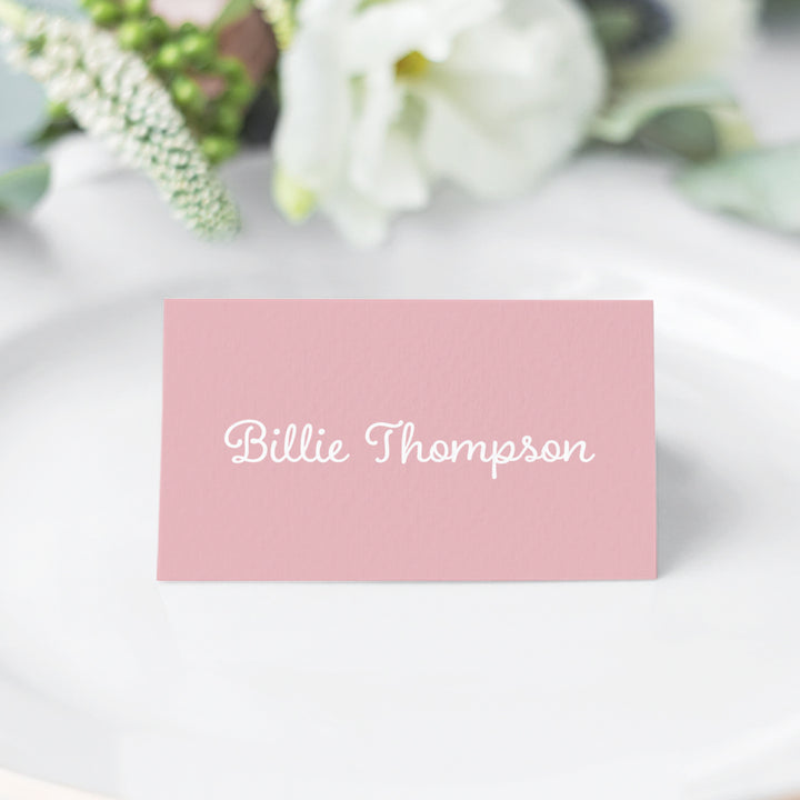 Pink and white folded wedding and Baptism place cards, printed in Australia on premium cardstock. Retro handwritten fonts.