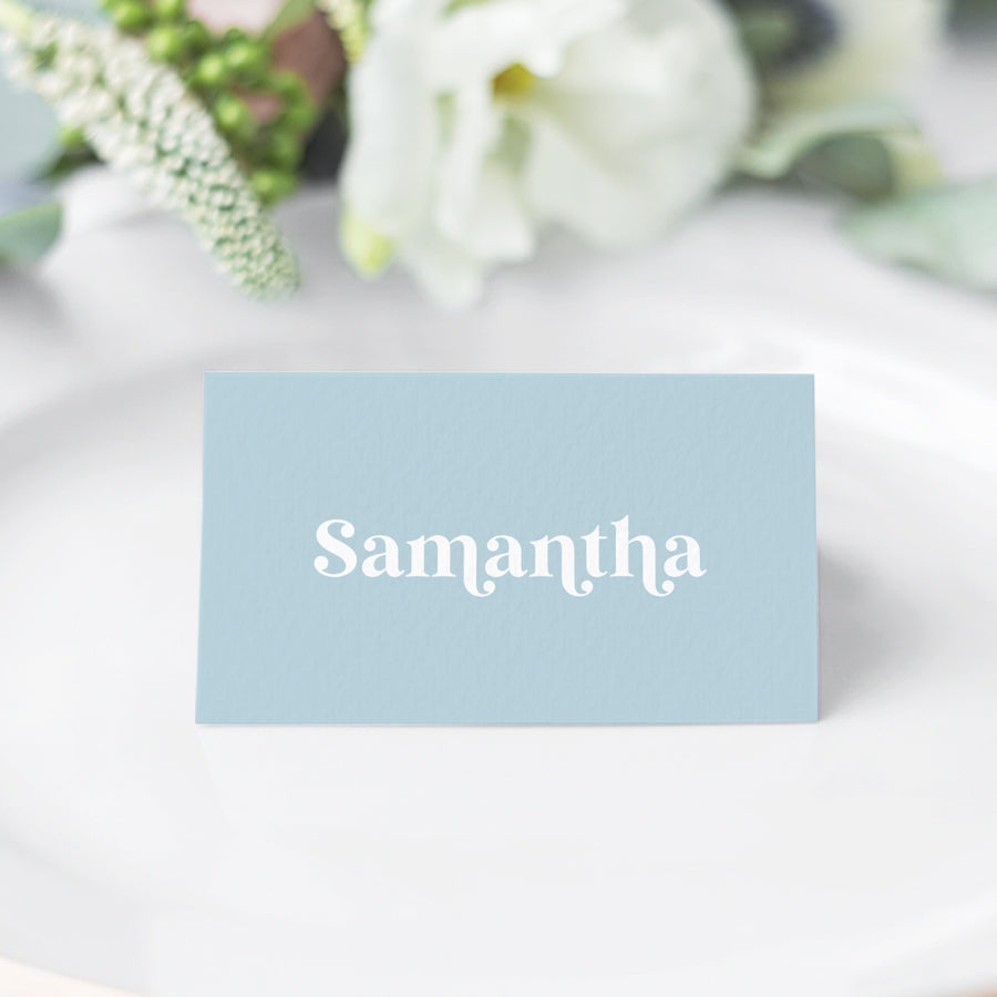 Pale blue folded wedding and Baptism place cards, printed in Australia on premium cardstock. Retro fonts.