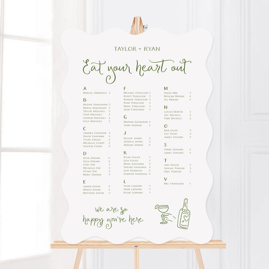 Whimsical wedding seating chart with hand drawn illustrated design elements in green. Peach Perfect Australia.