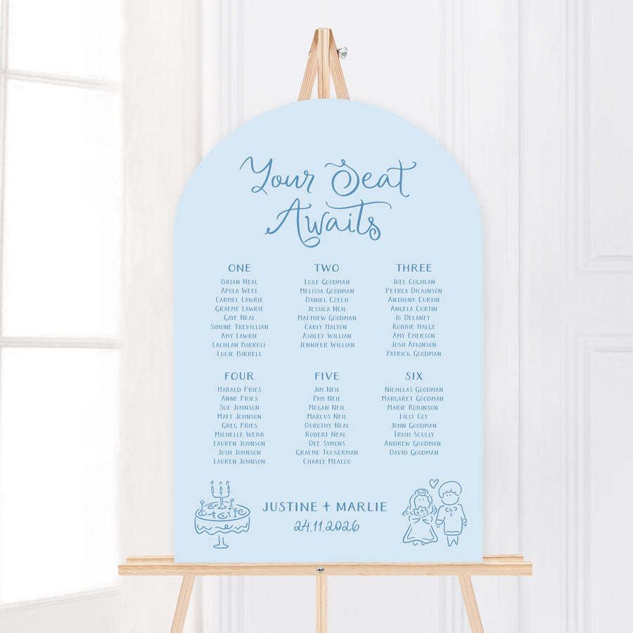 Whimsical wedding seating chart with hand drawn illustrated design elements in pale blue. Peach Perfect Australia.