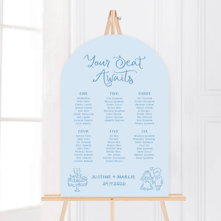 Whimsical wedding seating chart with hand drawn illustrated design elements in pale blue. Peach Perfect Australia.