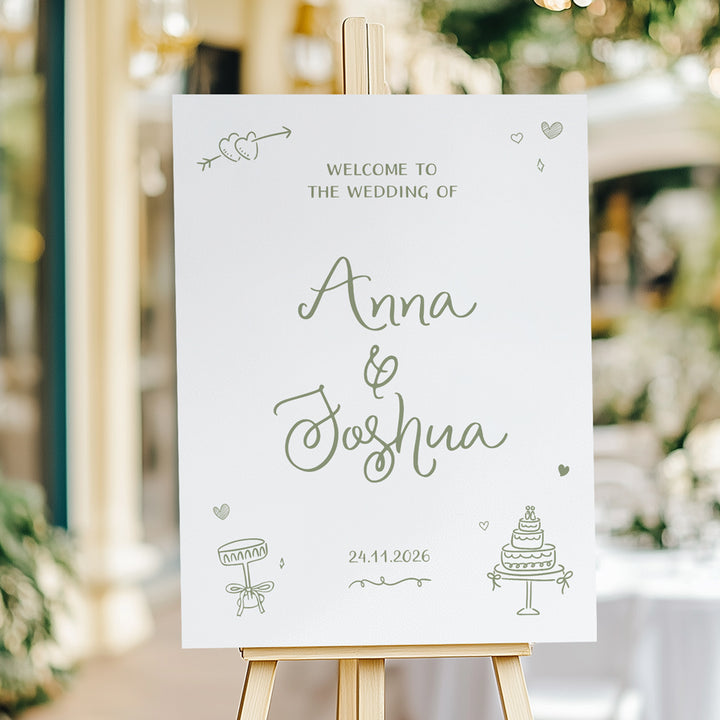 Whimsy wedding sign with hand drawn illustrated design elements in green and white, Australia