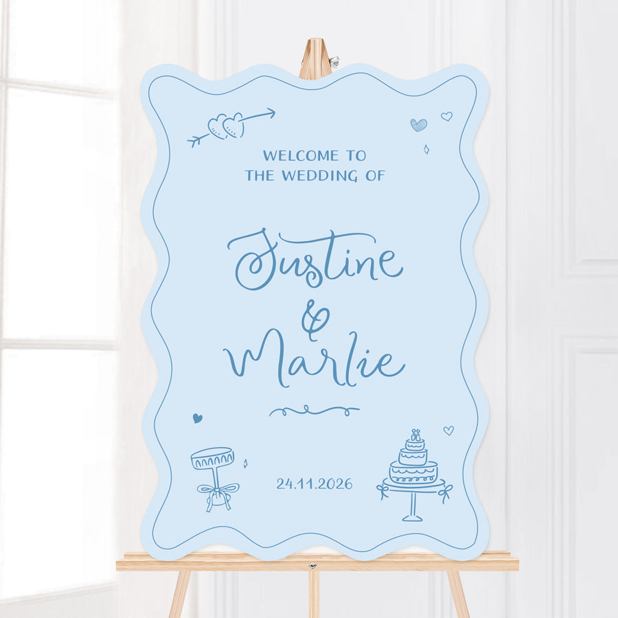 Whimsy wedding welcome sign with hand drawn illustrated design elements in blue, Australia