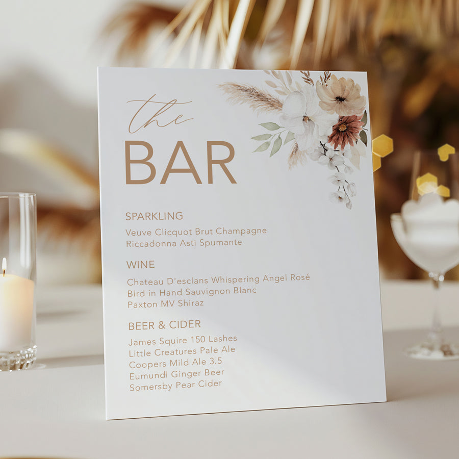 Wedding bar sign with bohemian florals in neutral modern colours