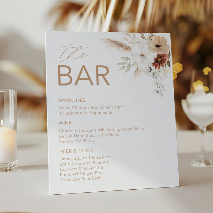 Wedding bar sign with bohemian florals in neutral modern colours
