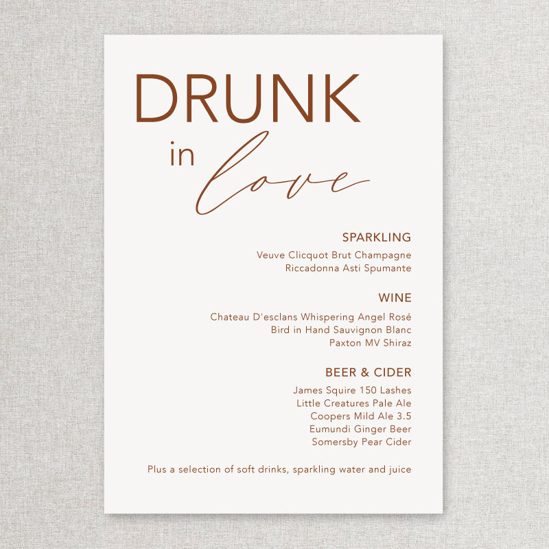 Wedding bar sign in terracotta and white natural boho style. Print on foamboard or acrylic self standing. Drunk in Love heading.