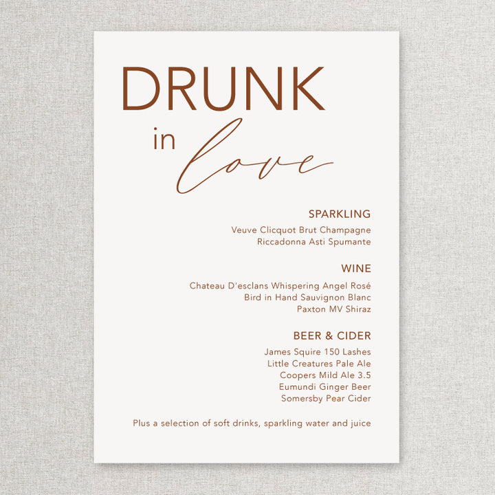 Wedding bar sign in terracotta and white natural boho style. Print on foamboard or acrylic self standing. Drunk in Love heading.