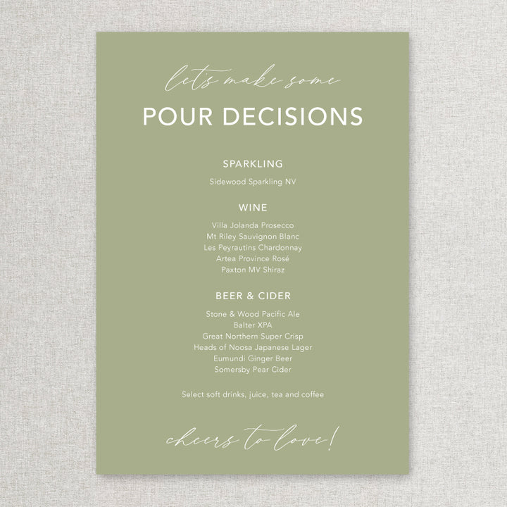 Wedding bar sign in green and white natural boho style. Print on foamboard or acrylic self standing. Pour decisions.