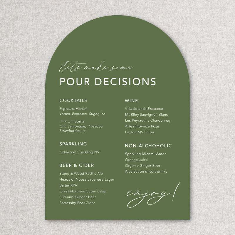 Arch shape wedding bar sign in green and white natural boho style. Print on foamboard or acrylic self standing.