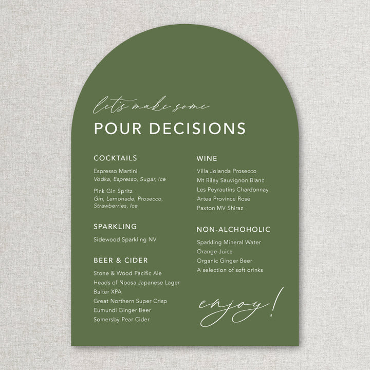 Arch shape wedding bar sign in green and white natural boho style. Print on foamboard or acrylic self standing.