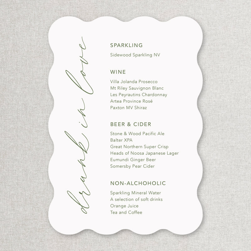 Wavy shape wedding bar sign in green and white natural boho style. Print on foamboard or acrylic self standing.