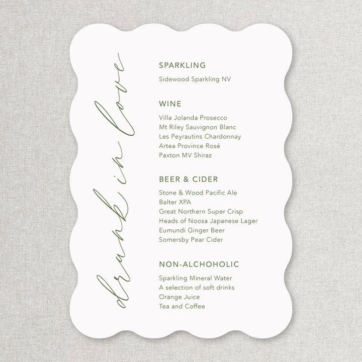 Wavy shape wedding bar sign in green and white natural boho style. Print on foamboard or acrylic self standing.