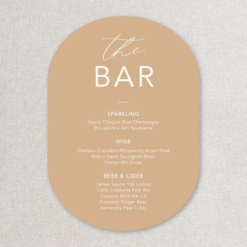 Wedding bar sign in beige cinnamon colour natural boho style. Print on foamboard or acrylic self standing.