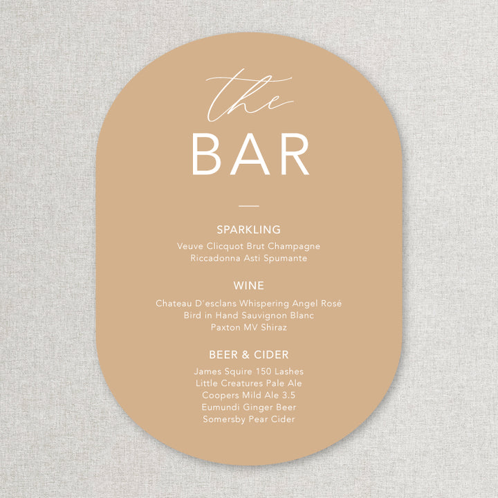 Wedding bar sign in beige cinnamon colour natural boho style. Print on foamboard or acrylic self standing.