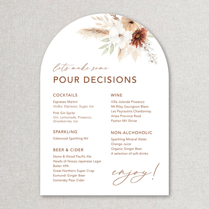 Arch shape wedding bar sign with boho style florals and pampas. Print on foamboard or acrylic self standing.