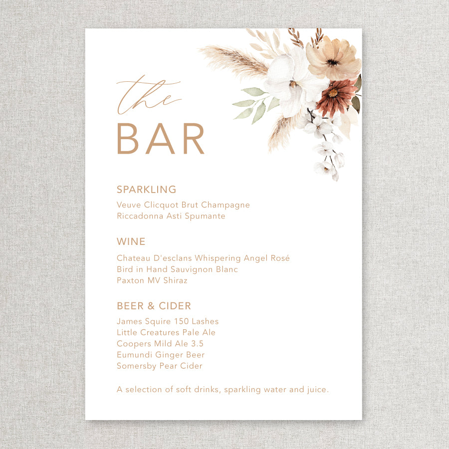 Bohemian natural wedding bar sign with boho style florals and pampas. Print on foamboard or acrylic self standing.