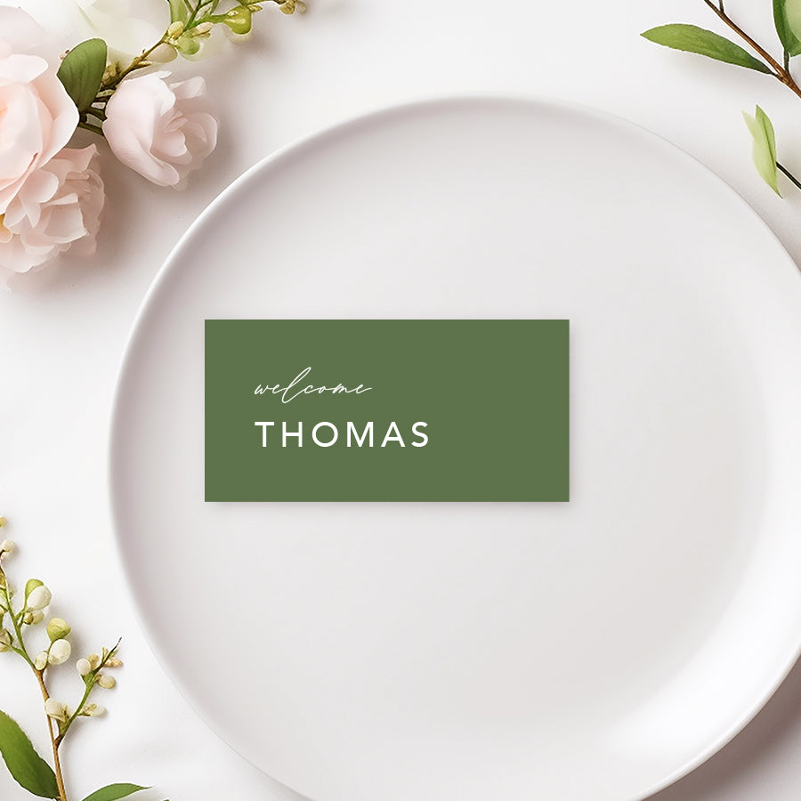 Clover green wedding place cards with white ink in round shape, design and printed in Australia.