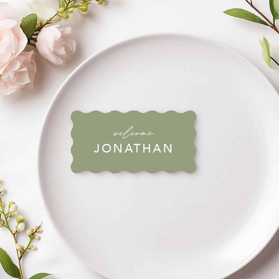 Wavy wedding place cards for our boho Laura suite. Green and white. Printed in Australia.
