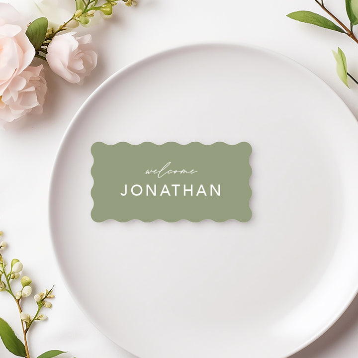 Wavy wedding place cards for our boho Laura suite. Green and white. Printed in Australia.
