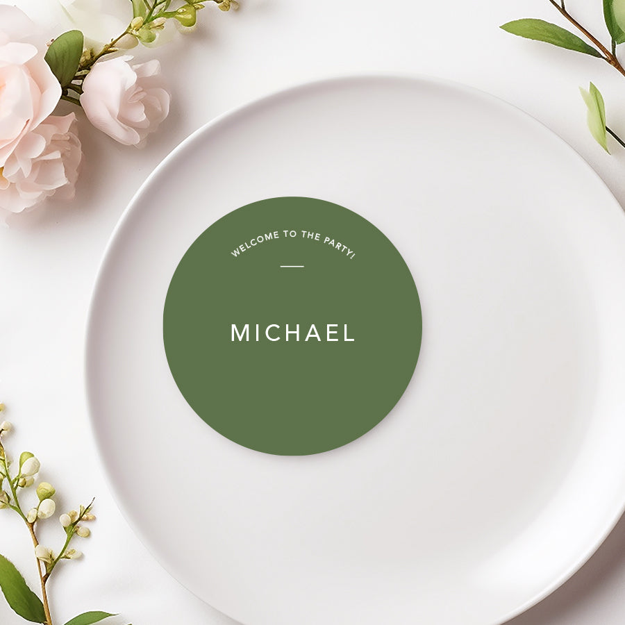 Clover green modern minimal wedding place cards with white ink, die cut circle shape, design and printed in Australia.