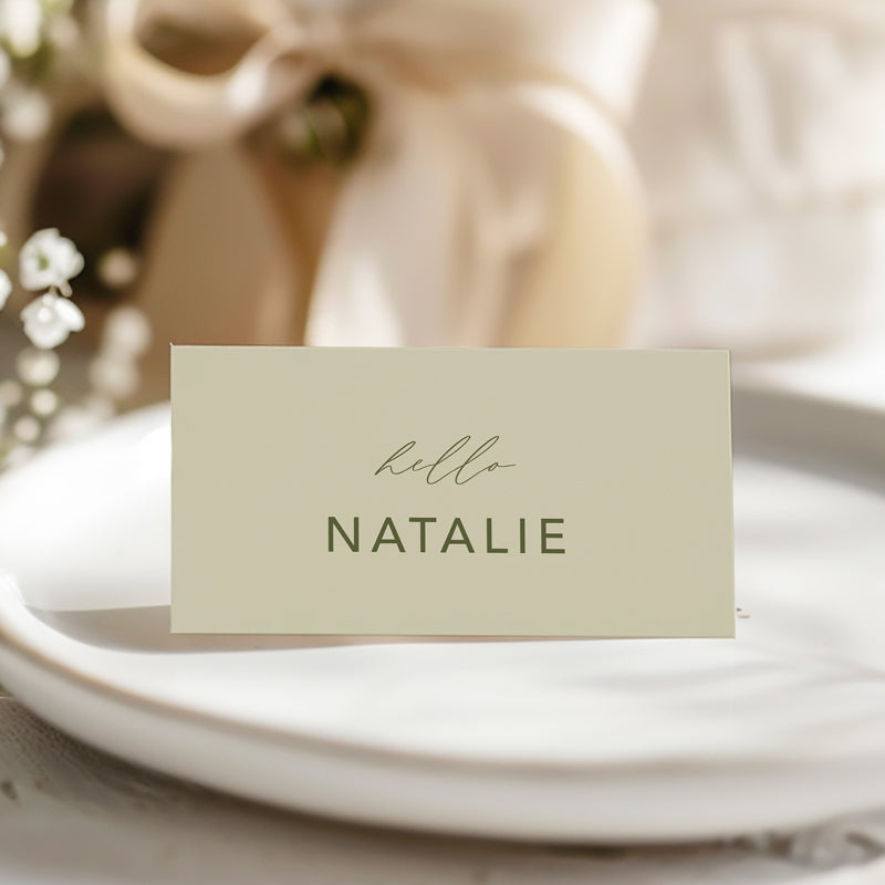 Wedding folded place cards in green and green ink with hello and the guest name. Printed Australia.