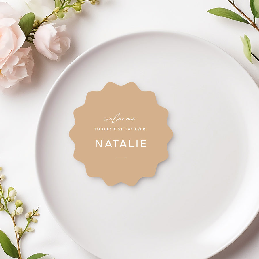 Wedding place cards with personal message printed - welcome to our best day ever. Wavy shape. Printed Australia.