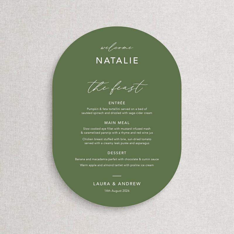 Modern die cut double arch wedding menu on clover green card with white ink and guest names. The feast heading. Printed in Australia.