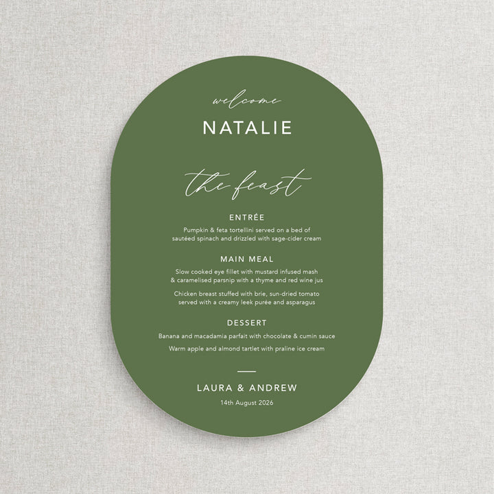 Modern die cut double arch wedding menu on clover green card with white ink and guest names. The feast heading. Printed in Australia.