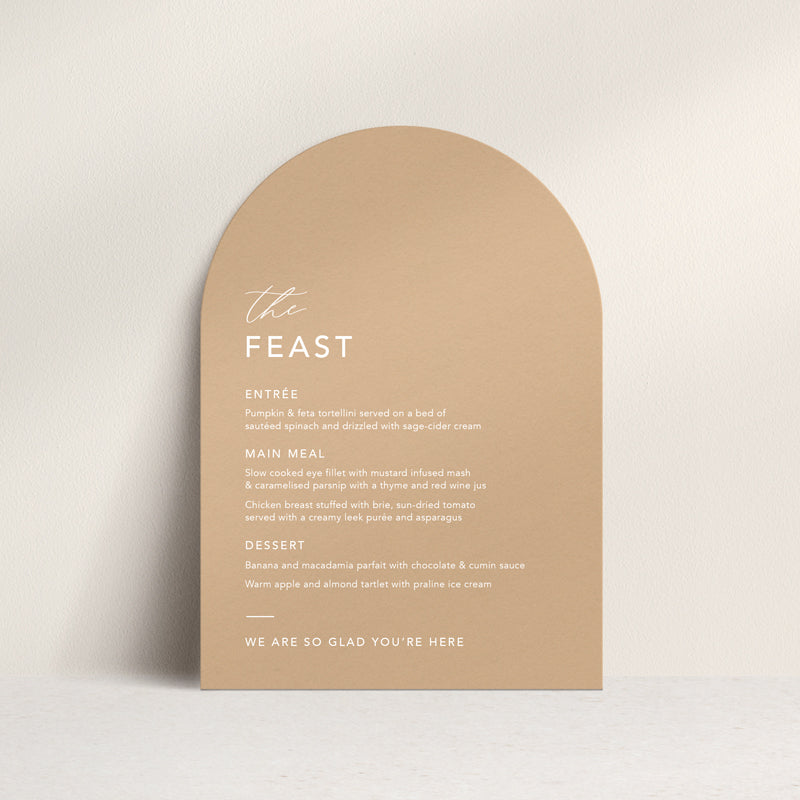 Modern wedding menu in arch shape on natural cinnamon card with white ink printing in Australia.