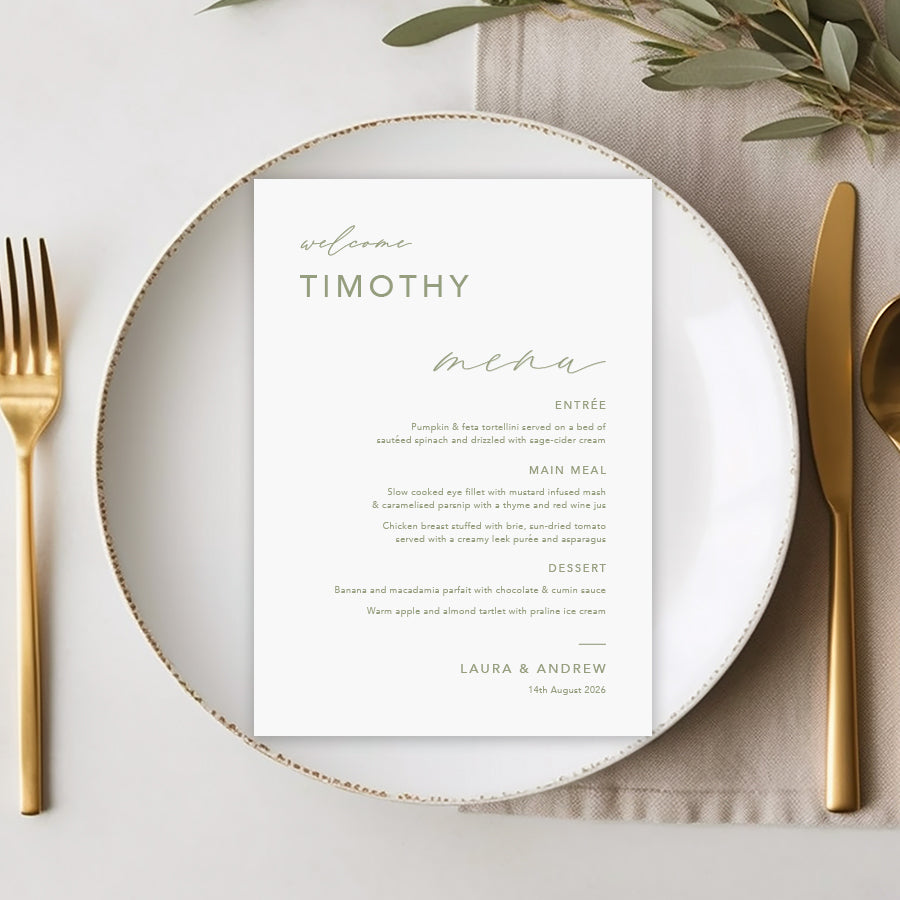 Modern wedding menu die cut to any shape, printed in Australia in green and white bohemian colours.