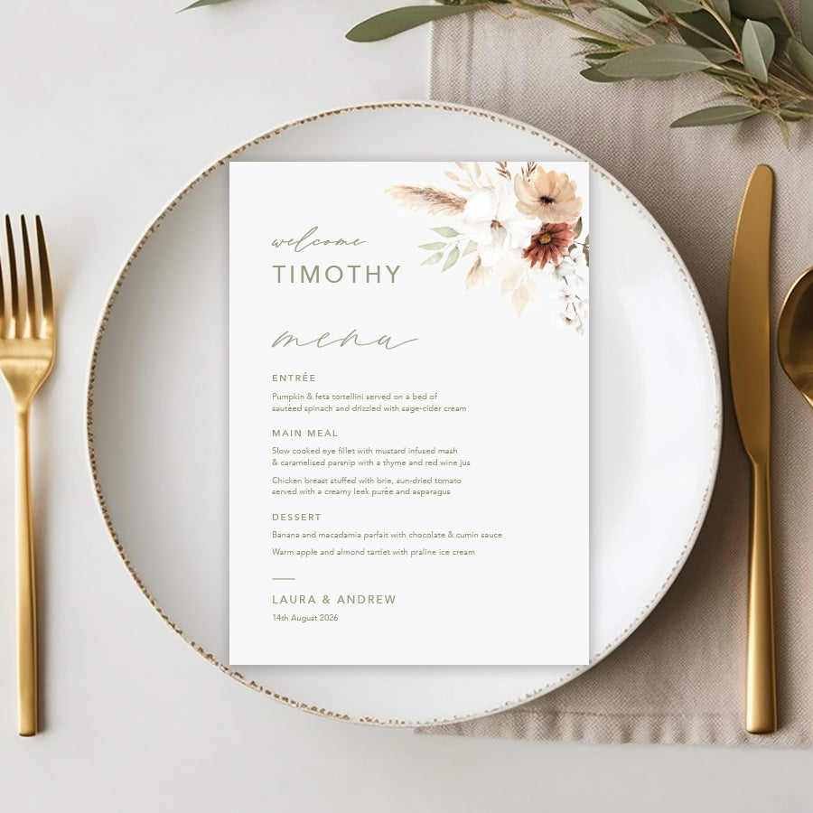 Bohemian floral wedding menu with soft terracotta colours and greenery, pampas grass. Guest name printing. Peach Perfect Australia.