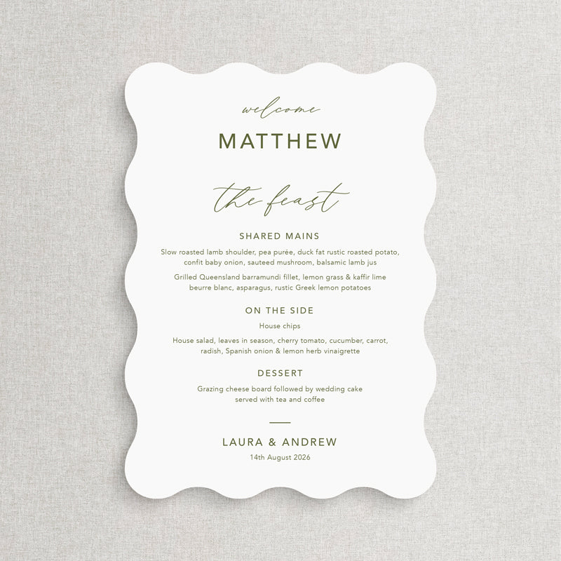 Modern wavy shape wedding menu in green and white individual guest names. The feast heading. Printed in Australia.