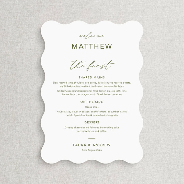 Modern wavy shape wedding menu in green and white individual guest names. The feast heading. Printed in Australia.