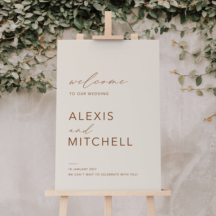 Bohemian large format wedding welcome sign on easel. Bohemian colours and style. Printed in Australia on smooth board.