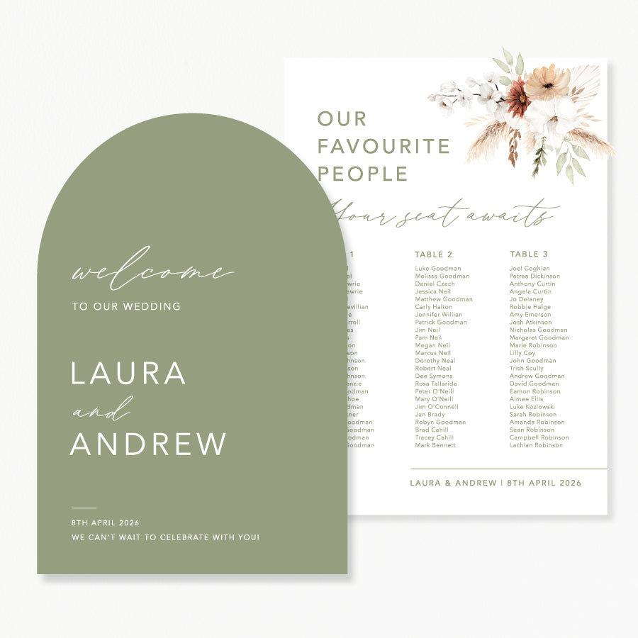 Wedding seating chart and welcome sign discount package. Printed in Australia on foamboard or acrylic.
