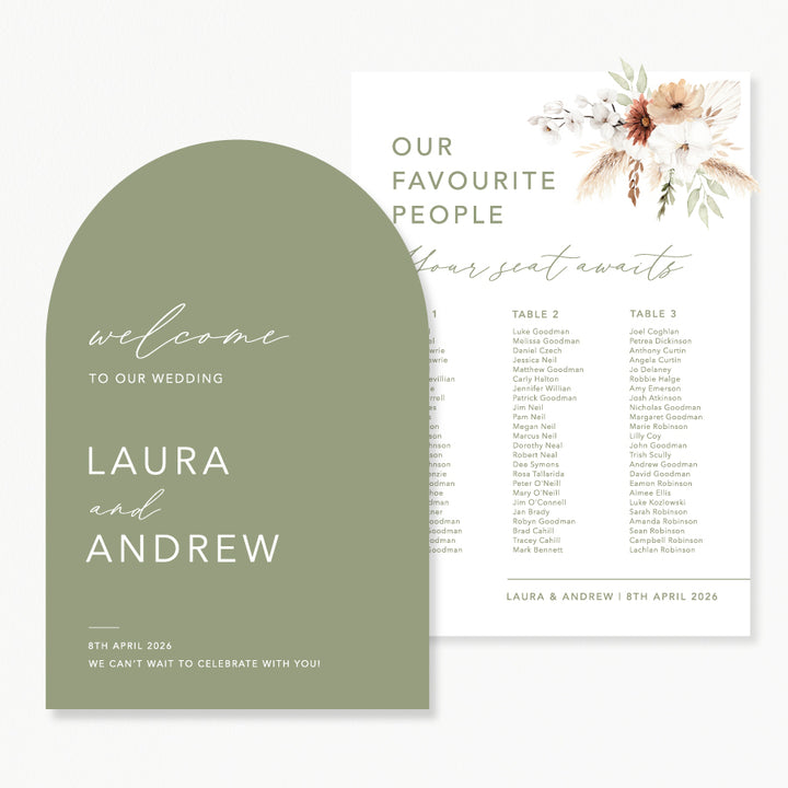 Wedding seating chart and welcome sign discount package. Printed in Australia on foamboard or acrylic.
