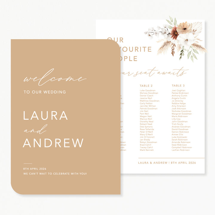 Wedding seating chart and welcome sign discount package bohemian style with florals and neutral colours. Printed in Australia.
