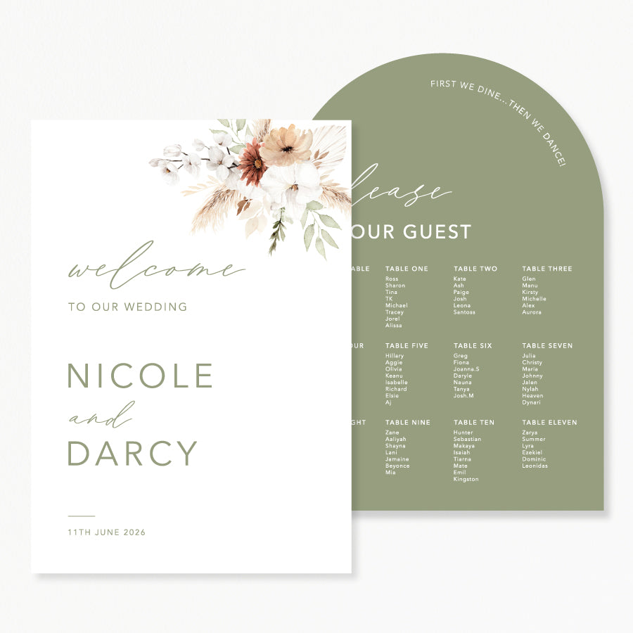 Boho wedding welcome sign and seating chart combination with discounted price. Green and white with bohemian florals. Printed in Australia.
