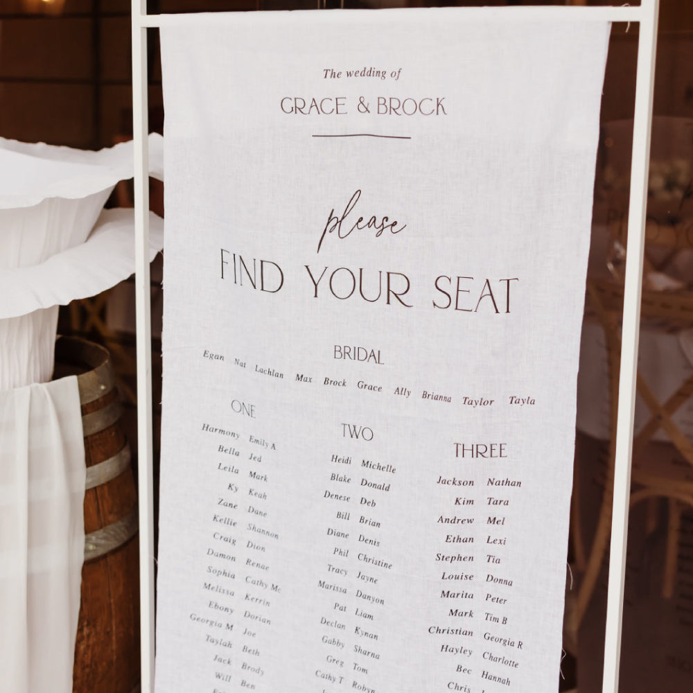 Wedding seating chart printed on premium linen fabric in Australia with three tables banquet layout in black ink. 