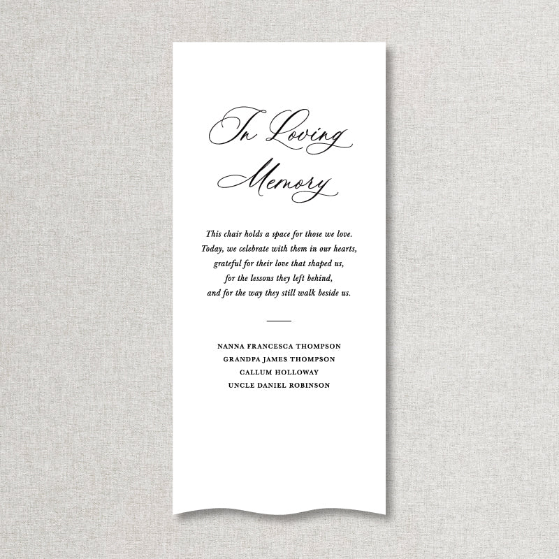 In Loving Memory fabric wedding sign with personalised wording. Designed printed in Australia.