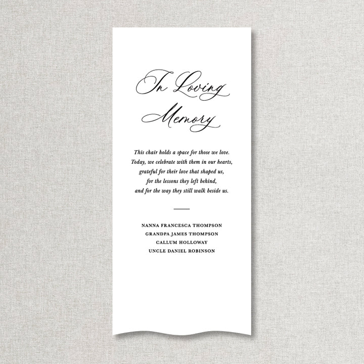 In Loving Memory fabric wedding sign with personalised wording. Designed printed in Australia.