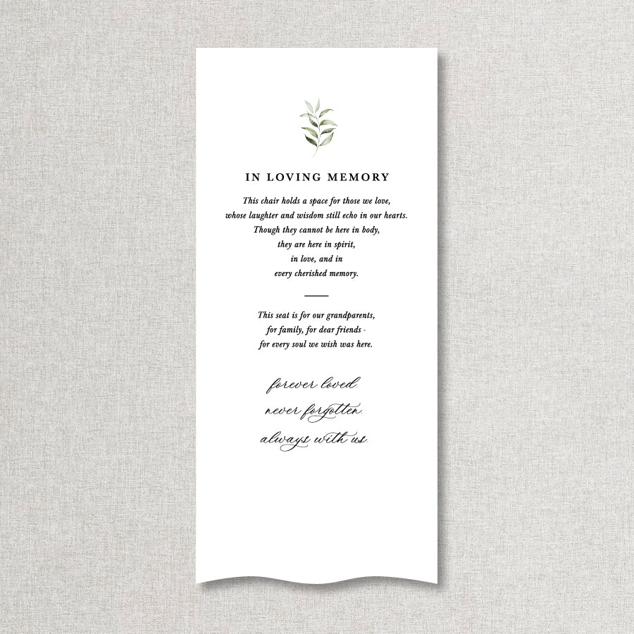 In Loving Memory fabric wedding sign with personalised wording and watercolour leaf. Designed printed in Australia.