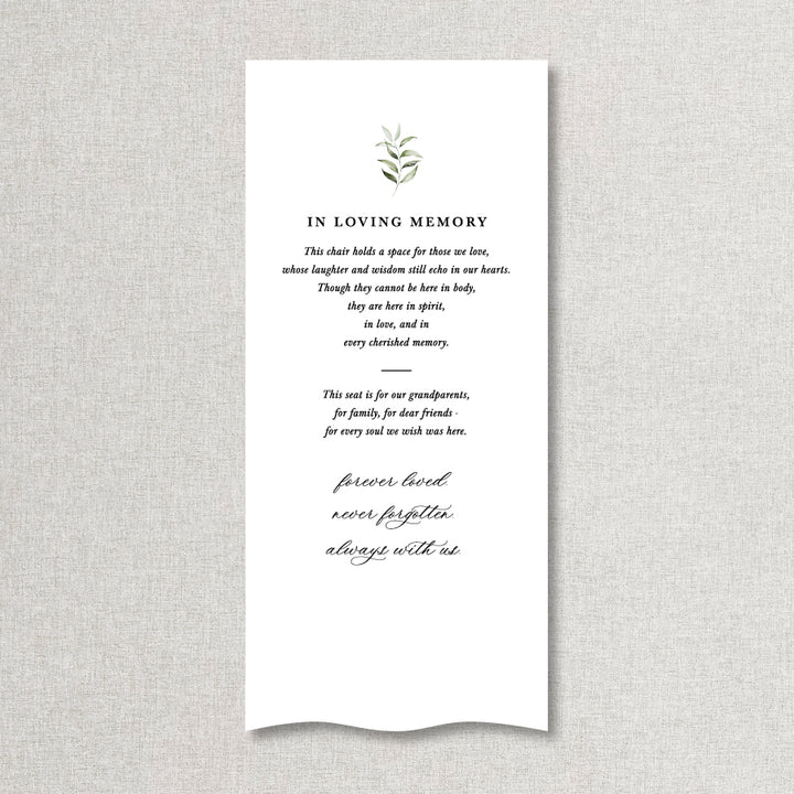 In Loving Memory fabric wedding sign with personalised wording and watercolour leaf. Designed printed in Australia.