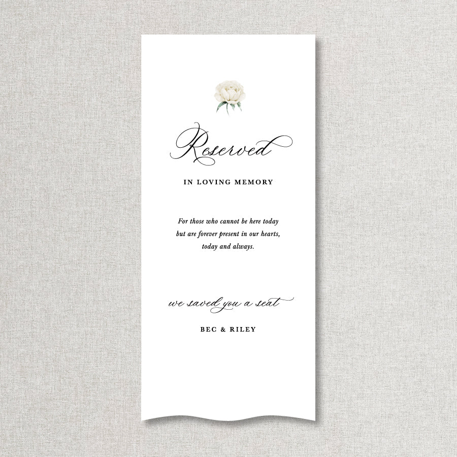 In Loving Memory fabric wedding sign. Reserved we saved you a seat. With white rose and bride and grooms name. Designed printed in Australia.