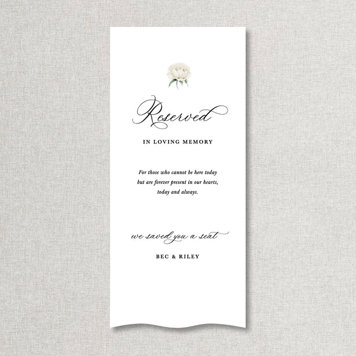 In Loving Memory fabric wedding sign. Reserved we saved you a seat. With white rose and bride and grooms name. Designed printed in Australia.