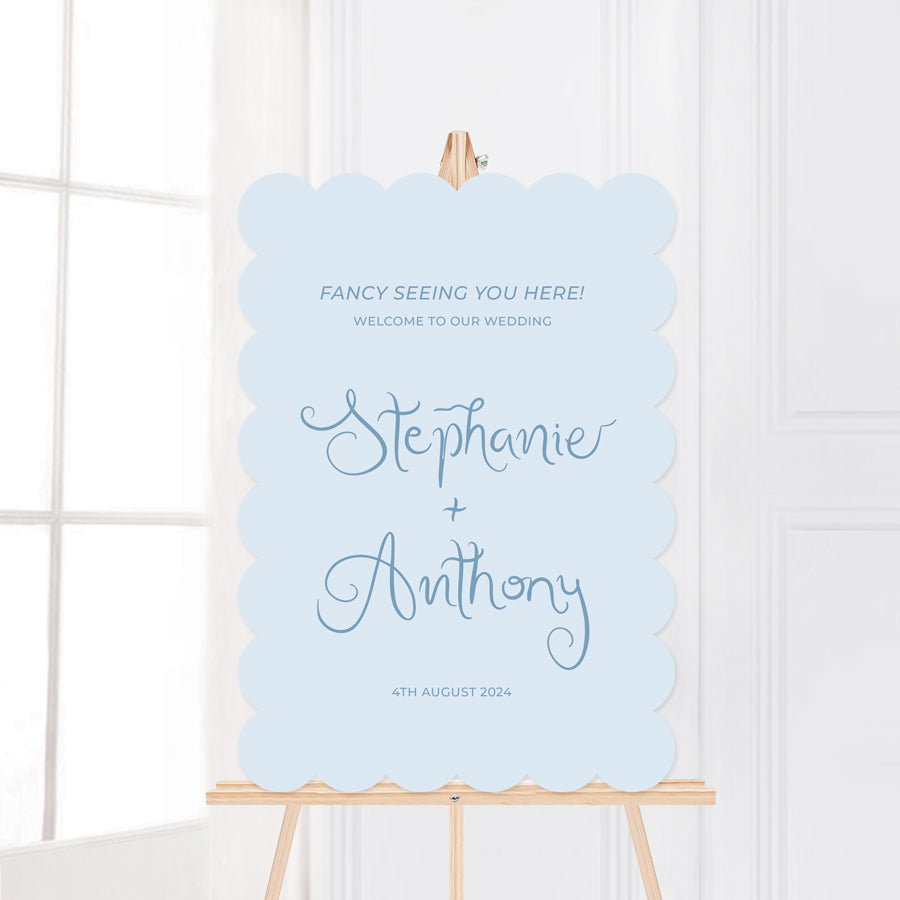 Modern scallop edge wedding welcome sign with quirky hand written font style in pale and mid blue. Printed in Australia on foam board or acrylc.