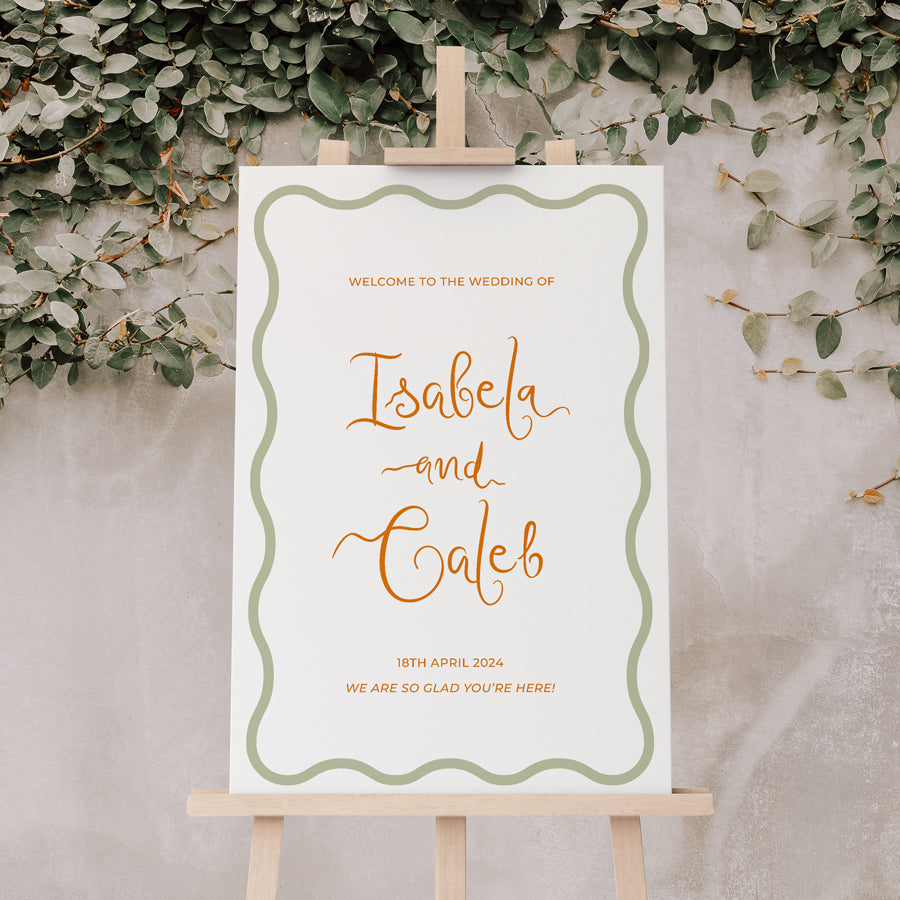 Modern wedding welcome sign with wave wiggle border quirky hand written font style in green and orange. Printed in Australia on foam board or acrylc.