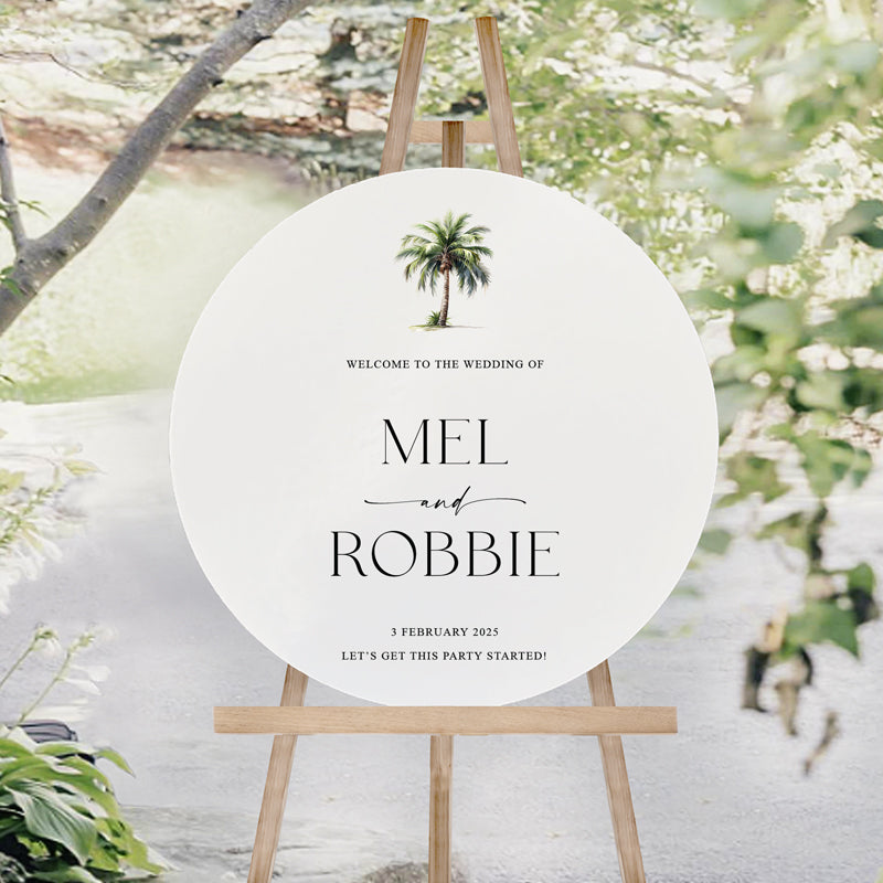 Tropical wedding welcome sign with watercolour palm tree Round welcome sign. Peach Perfect Australia.